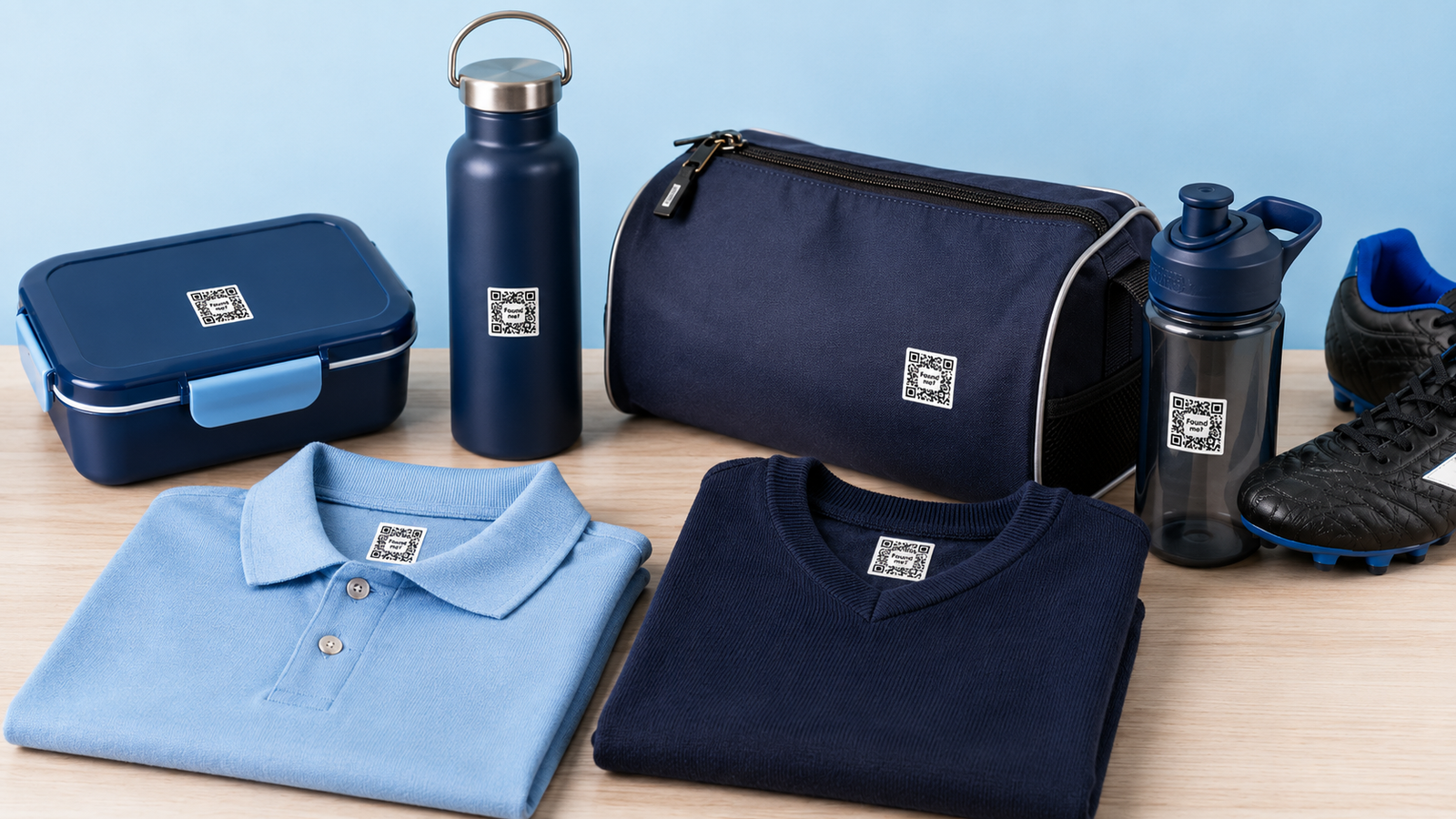 School uniforms and water bottles with QR labels